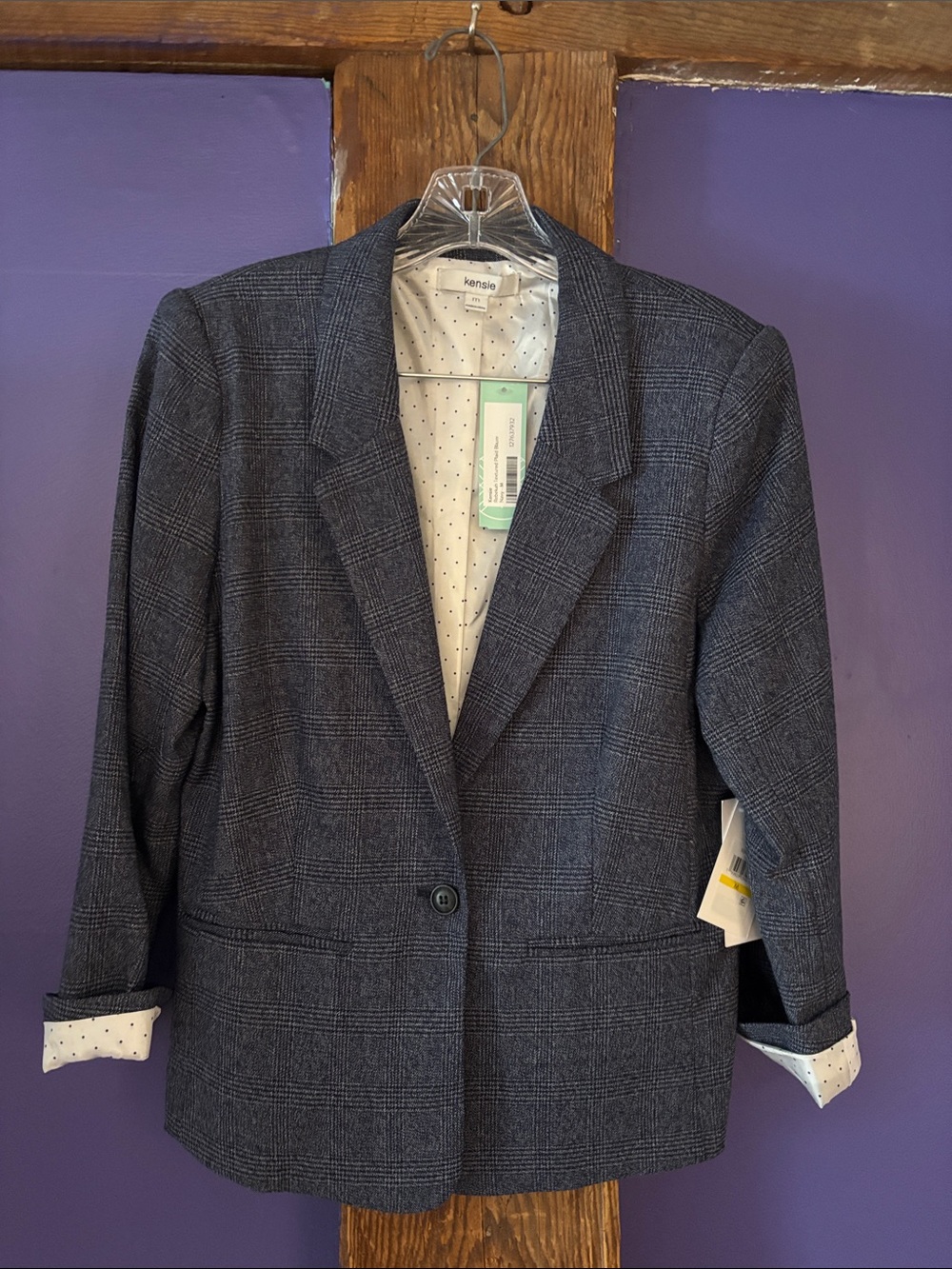 Kensie Navy Gray Plaid One-Button Blazer